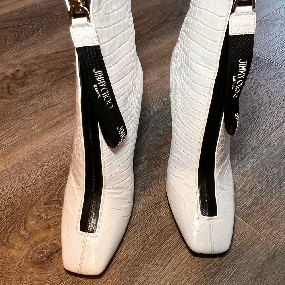 Jimmy Choo White Croc-Embossed Heeled Boots